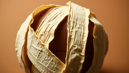 Halloween close up of a brown ball wrapped in layers of cream colored textured material on a brown background halloween design 