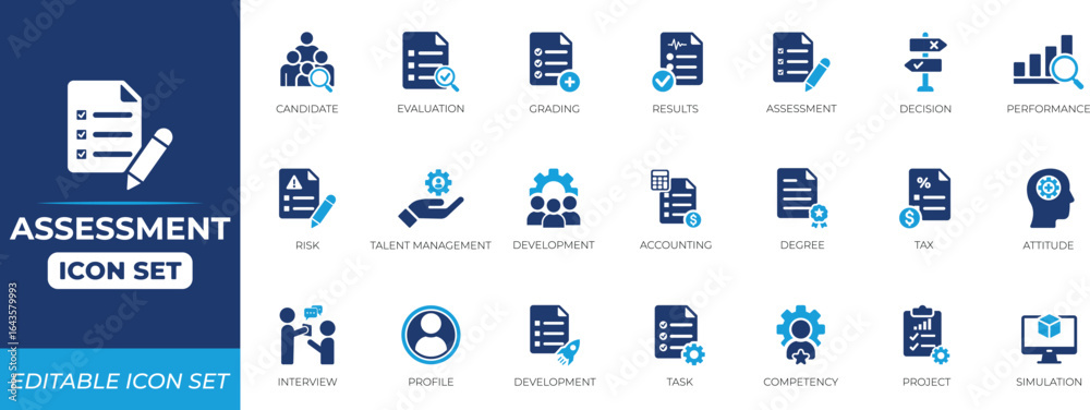 Functionality Scoring Icon Assessment icon set featuring checklist, evaluation, academic ...