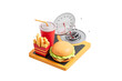 © ImageFlow - Cartoon-style burger, fries, and soda on an orange scale with a pressure gauge, isolated on white background. Concept of unhealthy eating. 3D Rendering