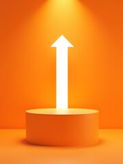 Wall Mural - raised podium stands prominently vibrant orange background illuminated soft front light crisp white arrow pointing