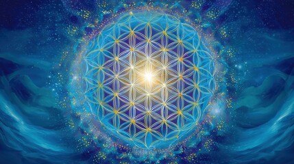 Wall Mural - Golden flower of life pattern set against a deep blue cosmic background, surrounded by delicate sparkles of light. A mystical symbol representing harmony, spirituality, the power of universal energy