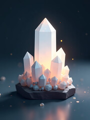 Wall Mural - illuminated white quartz crystal cluster rising dark gray surface bathed soft warm ambient light subtle