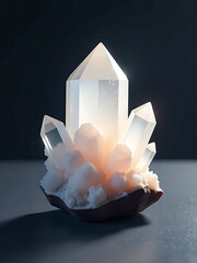 Wall Mural - illuminated white quartz crystal cluster rising dark gray surface bathed soft warm ambient light subtle