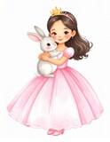 A young girl in a pink princess dress holds a fluffy white rabbit, radiating joy and innocence, adorned with a crown and a cheerful smile.