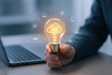 Cloud Computing Concept: Hand Holding Light Bulb with Cloud Icon and Digital Technology Symbols