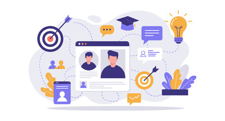 Creative teamwork and networking concept with online meeting and communication elements