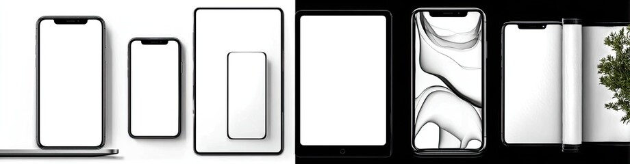 Various blank digital devices, including phones and tablets, displayed in a variety of layouts