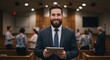 © Svitlana Vorotniak - Young christian man holding digital tablet, smiling in church. Modern Christianity and technology in religious worship.