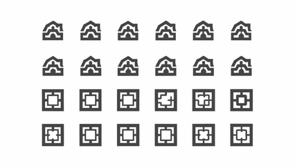 Wall Mural - Array of abstract geometric shapes and square frames arranged in a grid pattern on a white background
