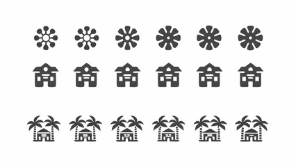 Wall Mural - Collection of abstract sun icons house icons and tropical house icons in a repeating pattern design