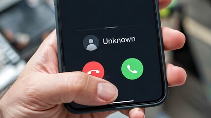 Hand holding a smartphone displaying an incoming call screen with the caller id labeled as unknown and call answer and decline buttons