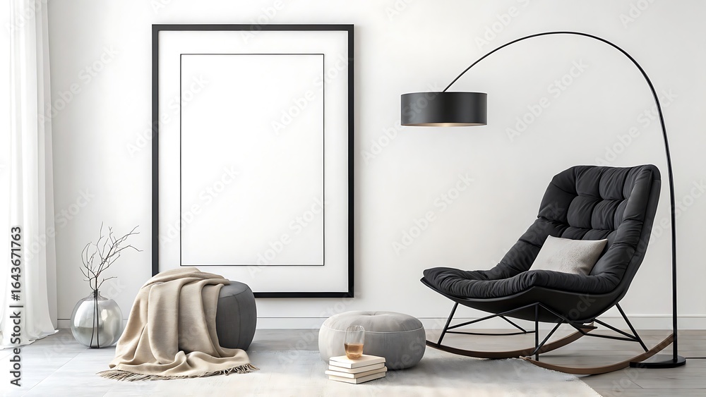 Arc Rocking Chair Modern living room with black rocking chair and arc lamp Stock Photo ...