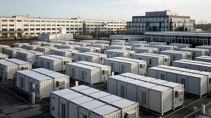 rows of prefabricated modular housing units lined up in an urban development area with modern buildi