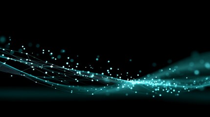 Dynamic glowing network of interconnected dots and lines forming a wave pattern against a dark digital background with ample copy space on left