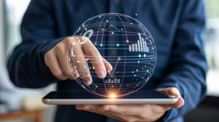 Man holding tablet with virtual global data analysis interface for business and finance