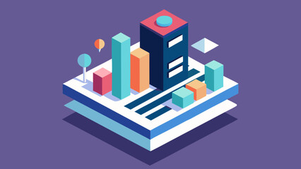 Isometric illustration of a city block with colorful buildings and streets on purple background