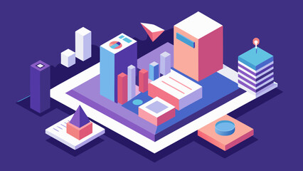 Isometric illustration of a digital cityscape with colorful geometric buildings on purple background