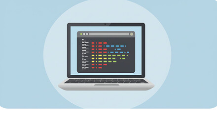 Vector illustration of a laptop with programming code on the screen. Concept of software engineering and web development.
