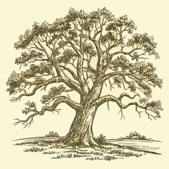 Detailed illustration of an old oak tree with wide textured branches