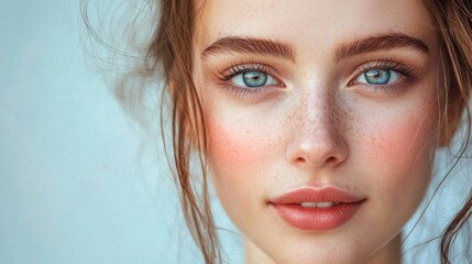 Wall Mural - a young woman with long brown hair and freckles, wearing a white top, looking directly at the camera
