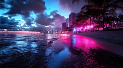 Wall Mural - miami beach front city background, neon colors