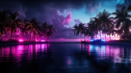 Wall Mural - miami beach front city background, neon colors