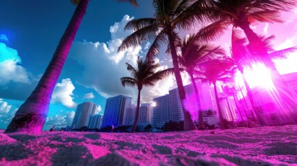Wall Mural - miami beach front city background, neon colors