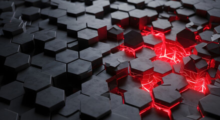 Abstract dark hexagonal grid with glowing red sections. Concept of network infection, system vulnerability, cyber threat, and spreading computer virus.