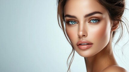 Wall Mural - a woman with long, dark hair and blue eyes, wearing a white top, poses against a light blue backgrou