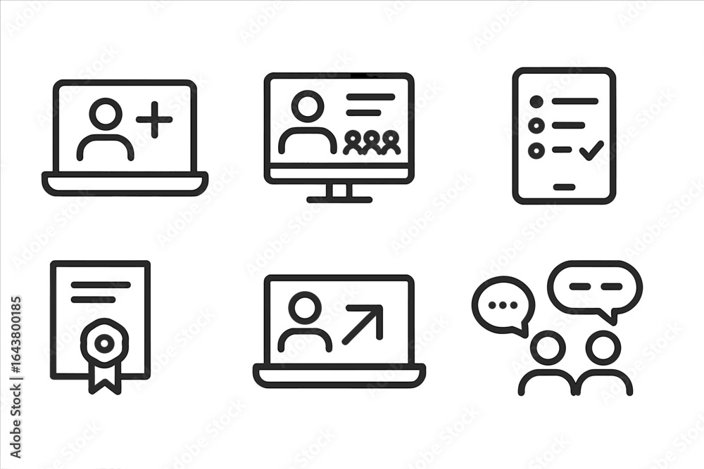 Icons representing online learning and virtual communication in a ...