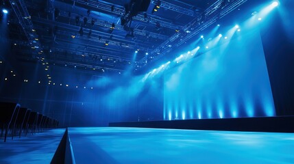 Wall Mural - a blue stage with spotlights and smoke in a dark room.