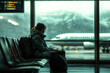 © Alberto Gonzalez  - A traveler sitting alone in an airport terminal, waiting for a flight, with bright sunlight illuminating the space.