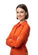 © Lyda - A young caucasian woman in her early 20s with a brown bob and vibrant orange shirt, arms crossed, smiling confidently against a transparent studio background with copy space, concept of corporate