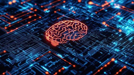 Wall Mural - a glowing red brain on a blue and orange circuit board with a black background.