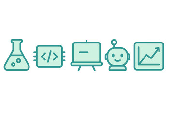 symbols representing technology, science, education, and innovation in a creative layout