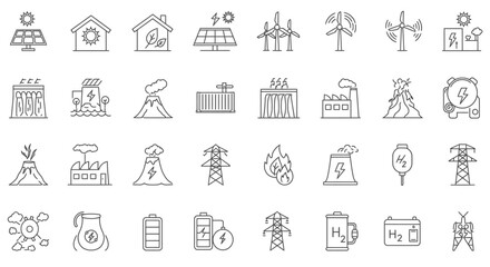 A comprehensive array of modern line icons illustrating diverse energy sources, power generation methods, environmental concerns, and sustainable technology solutions.