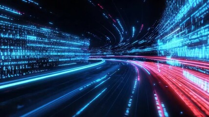 Wall Mural - futuristic digital background with blurred light trails and glowing data streams in dark space 4k vi