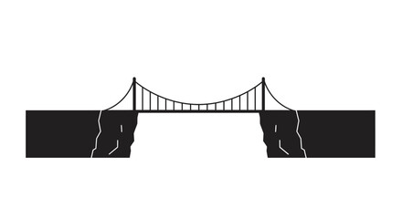 Sturdy suspension bridge icon spanning a wide chasm, a clear symbol of connection, progress, and overcoming obstacles in a minimalist black and white vector illustration.