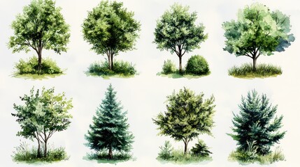 Watercolor painting of eight different trees.