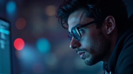 Concentrated programmer immersed in code, illuminated by screen glow