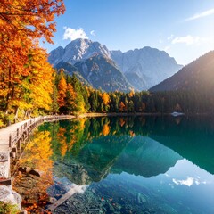  Lago cristalino con reflejo de árboles otoñales, luz suave, composición simétrica