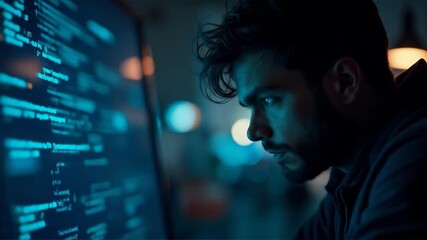 Focused coder analyzing code with modern interface for cybersecurity development