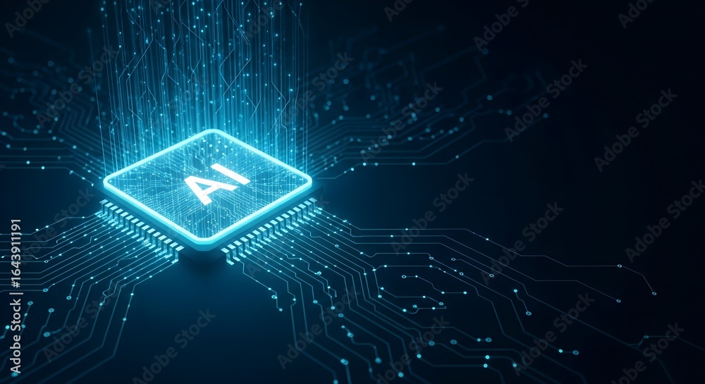 Futuristic glowing ai chip with digital data streams emanating from a ...