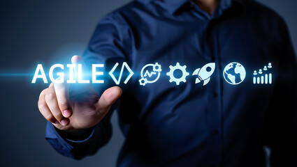 Person touching glowing agile icons including code rocket earth and growth technology business