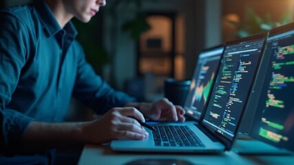 Focused developer coding with multiple displays in a modern workstation setting