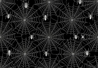 A spooky seamless Halloween pattern of white spiders and sparkly webs on a black background.

