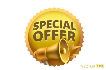 Wall Mural - golden special offer, megaphone message sticker. vector illustration