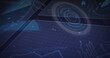 © vectorfusionart - Displaying circular HUD element rotating in dashboard, with grid floor and data clusters
