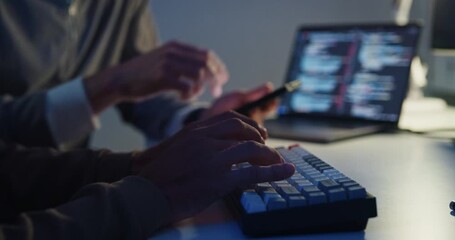 closeup team adult male engineer collaborate on robotic hand project use ai code solutions machine l