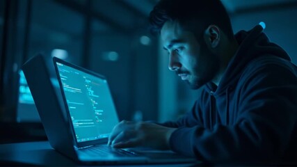 Focused coder immersed in programming lines under neon blue light at night